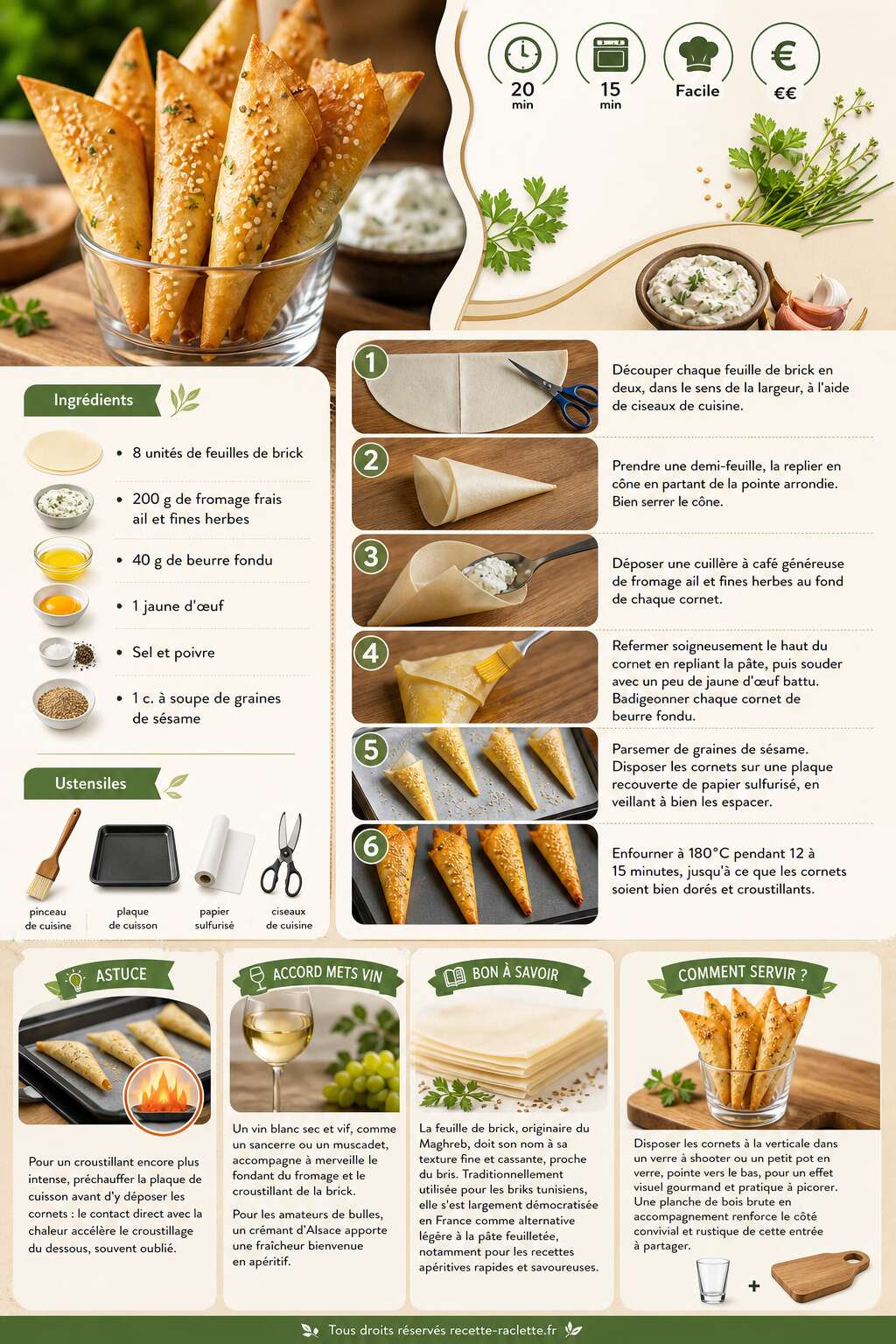 Fiche recette Cornets de brick au fromage ail et fines herbes : recette savoureuse Fiche recette Cornets de brick au fromage ail et fines herbes : recette savoureuse