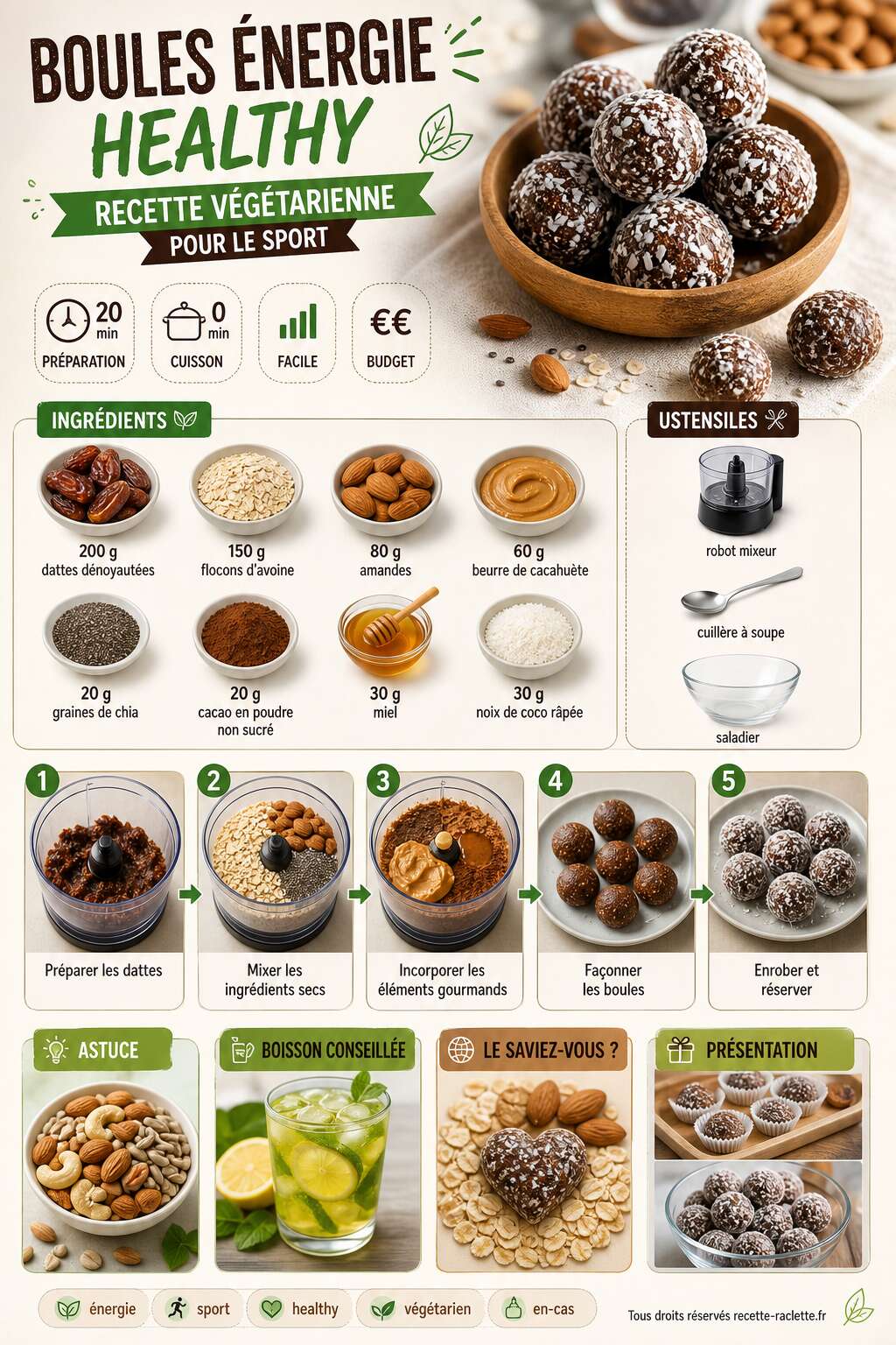 Fiche recette Boules énergie healthy : recette végétarienne pour le sport Fiche recette Boules énergie healthy : recette végétarienne pour le sport