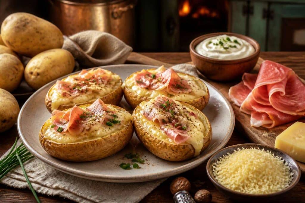 Pommes de terre farcies au jambon cru et fromage : recette savoureuse