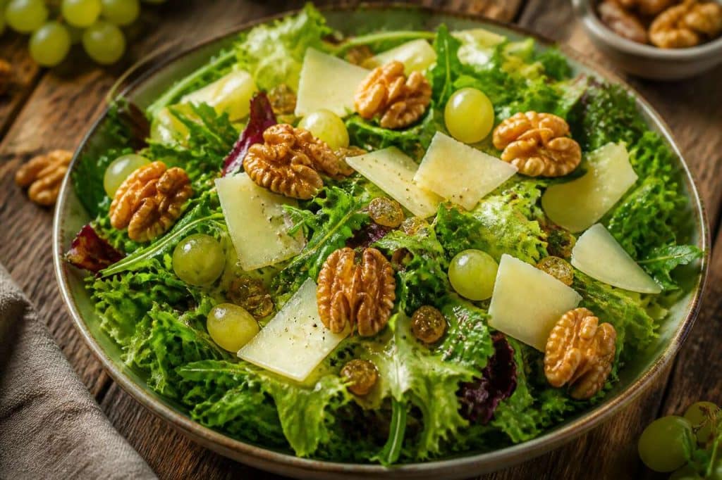 Salade verte : raisins, noix et fromage de brebis