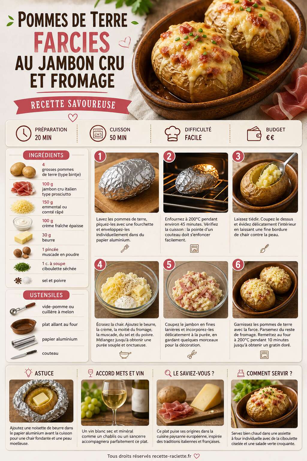 Fiche recette Pommes de terre farcies au jambon cru et fromage : recette savoureuse