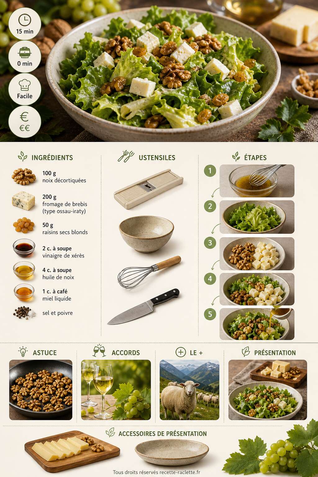 Fiche recette Salade verte : raisins, noix et fromage de brebis
