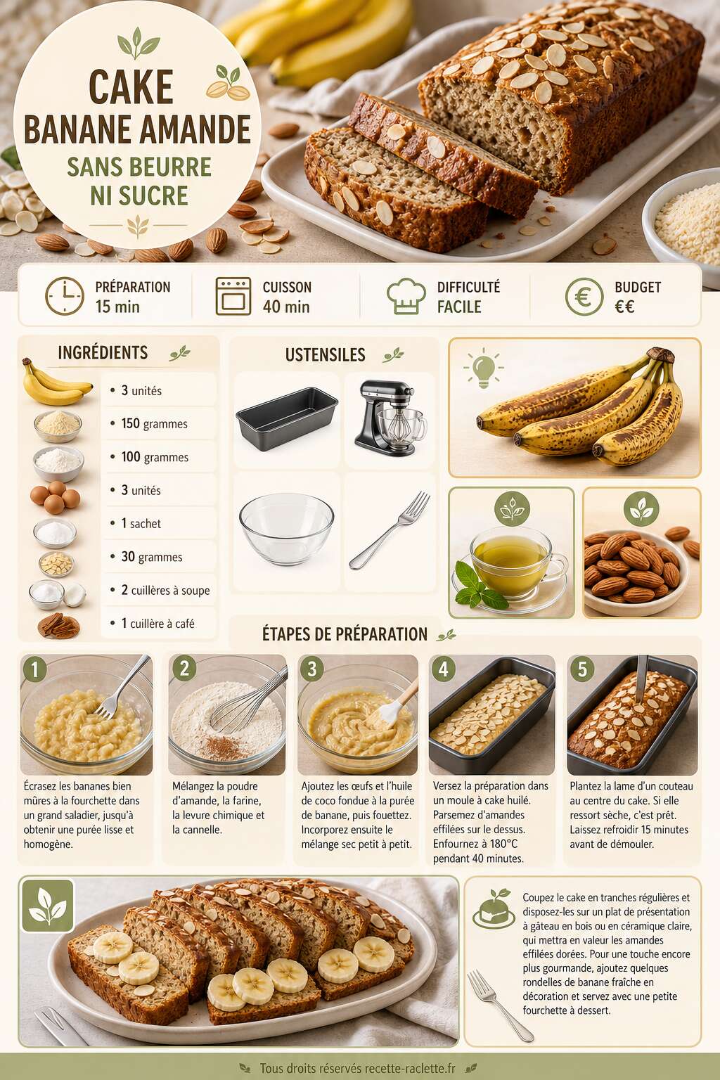 Fiche recette Cake banane amande : sans beurre ni sucre Fiche recette Cake banane amande : sans beurre ni sucre