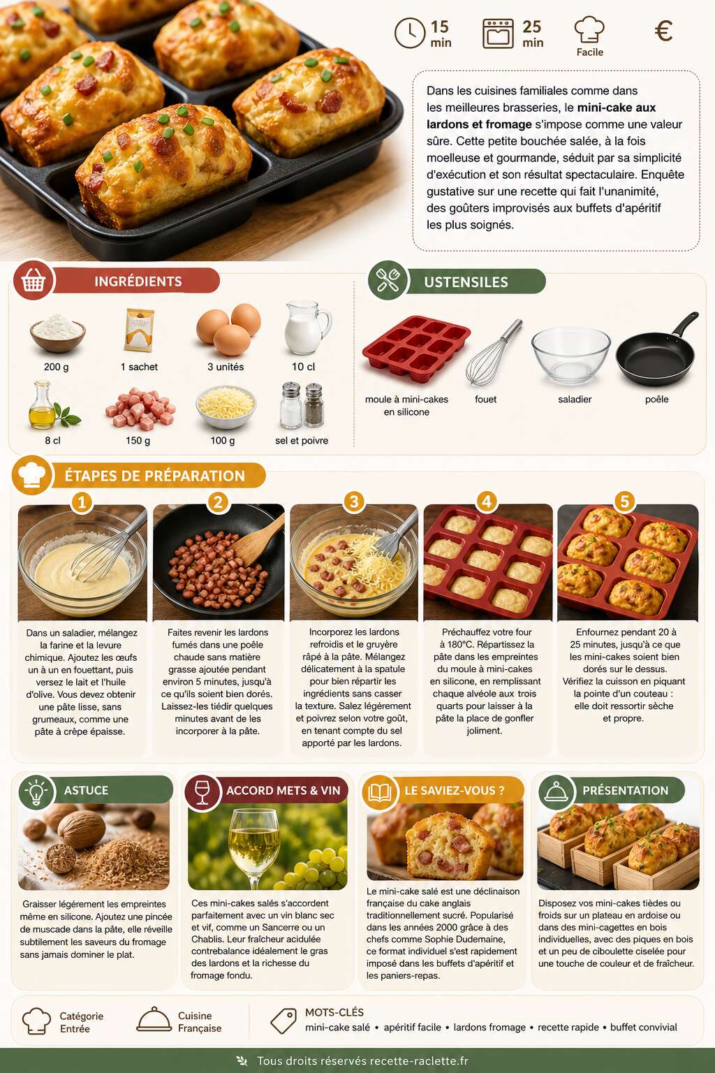 Fiche recette Recette mini-cakes aux lardons et fromage : délice facile et rapide Fiche recette Recette mini-cakes aux lardons et fromage : délice facile et rapide