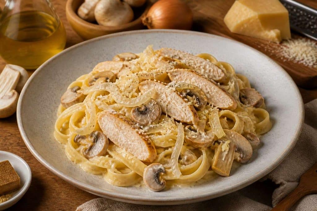 Pâtes à la crème : poulet, champignons et oignons doux