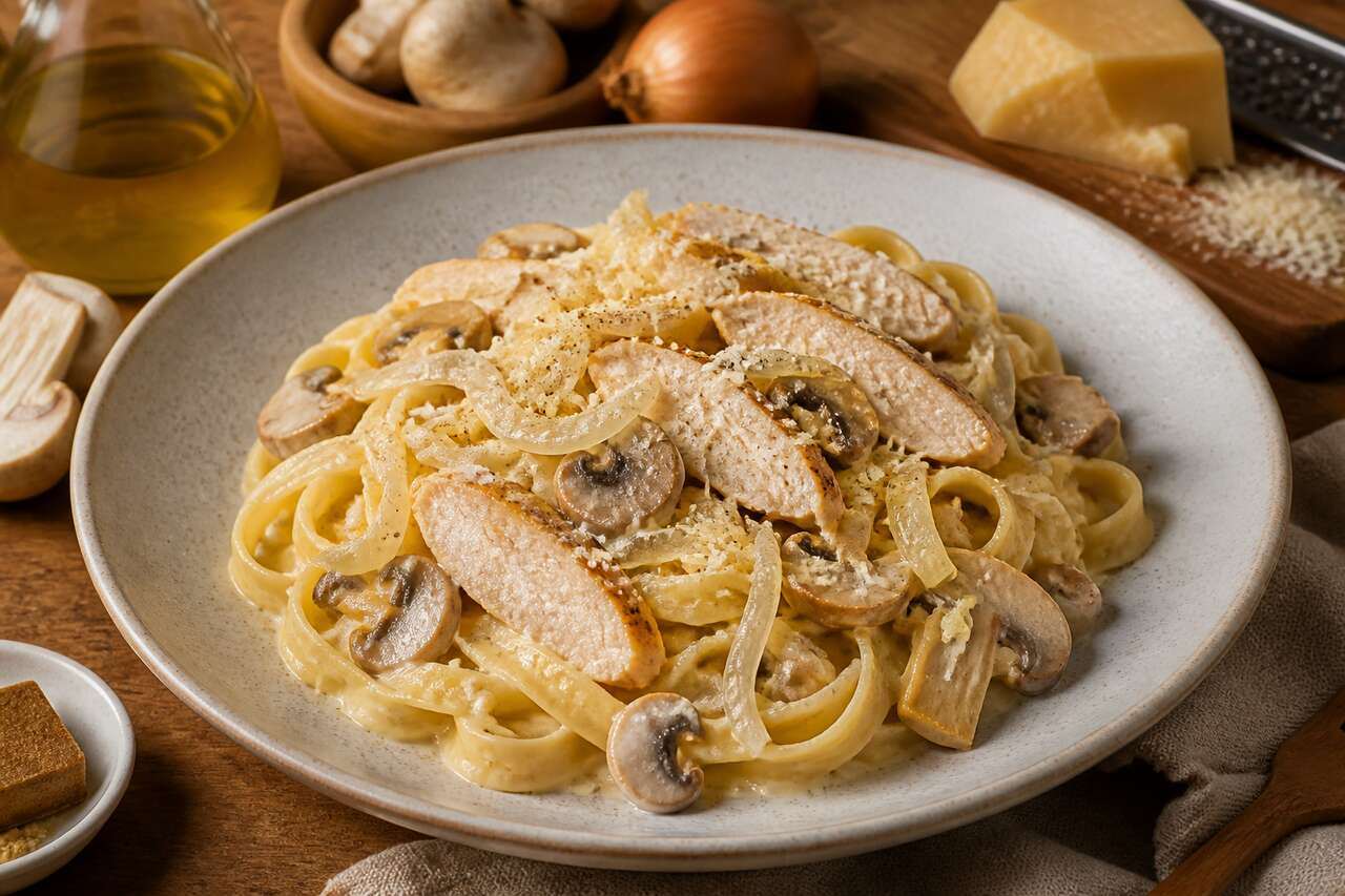 Pâtes à la crème : poulet, champignons et oignons doux