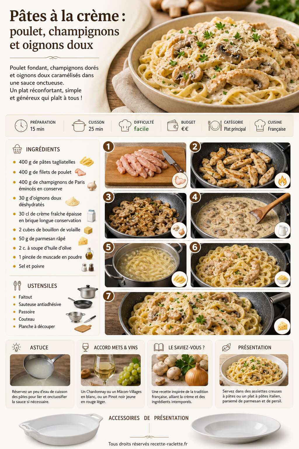 Fiche recette Pâtes à la crème : poulet, champignons et oignons doux Fiche recette Pâtes à la crème : poulet, champignons et oignons doux