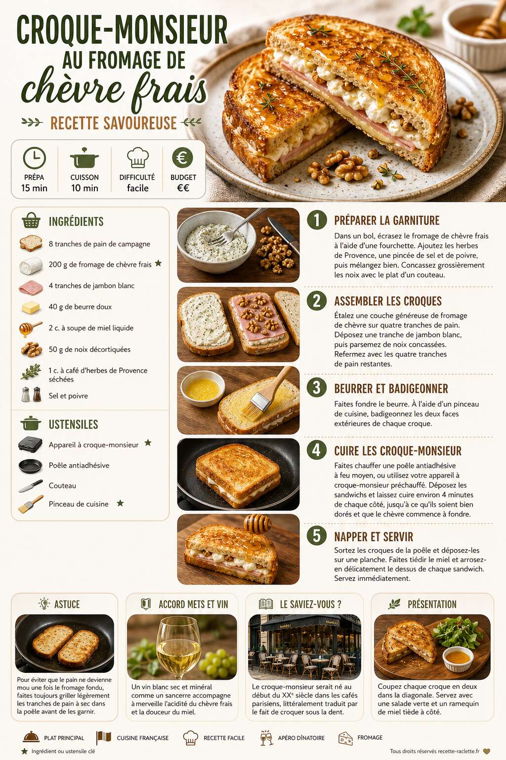 Fiche recette Croque-monsieur au fromage de ch&egrave;vre frais : recette savoureuse