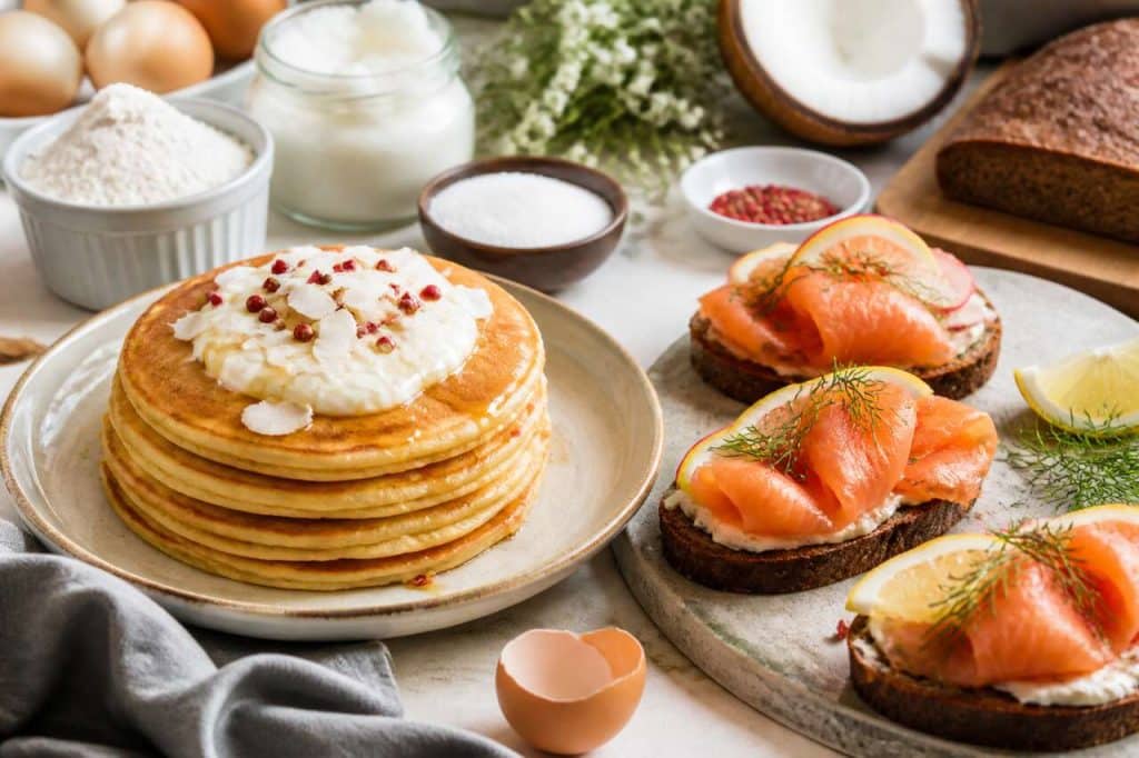 Recette d'apéritif : pancakes au lait de coco et smørrebrød au saumon fumé, une idée gourmande et originale