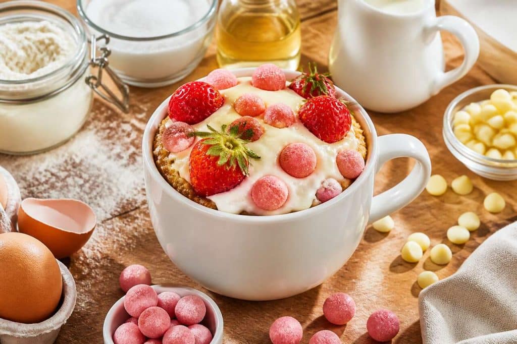 Mug cake chocolat blanc fraise tagada : recette gourmande