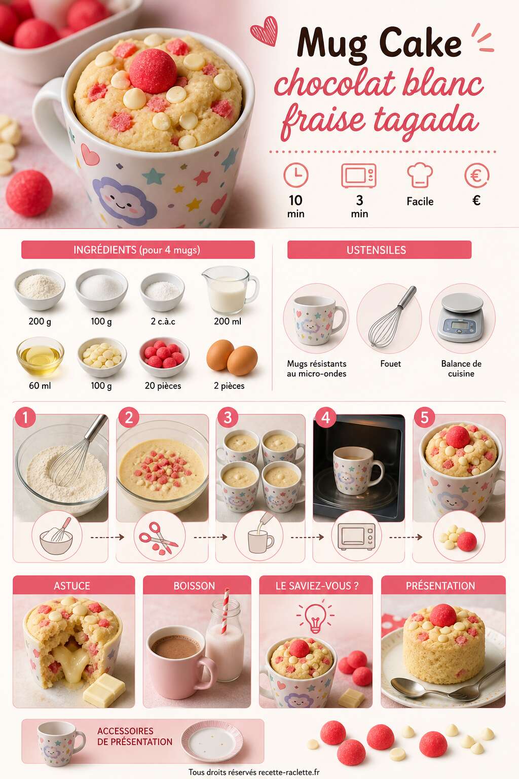 Fiche recette Mug cake chocolat blanc fraise tagada : recette gourmande