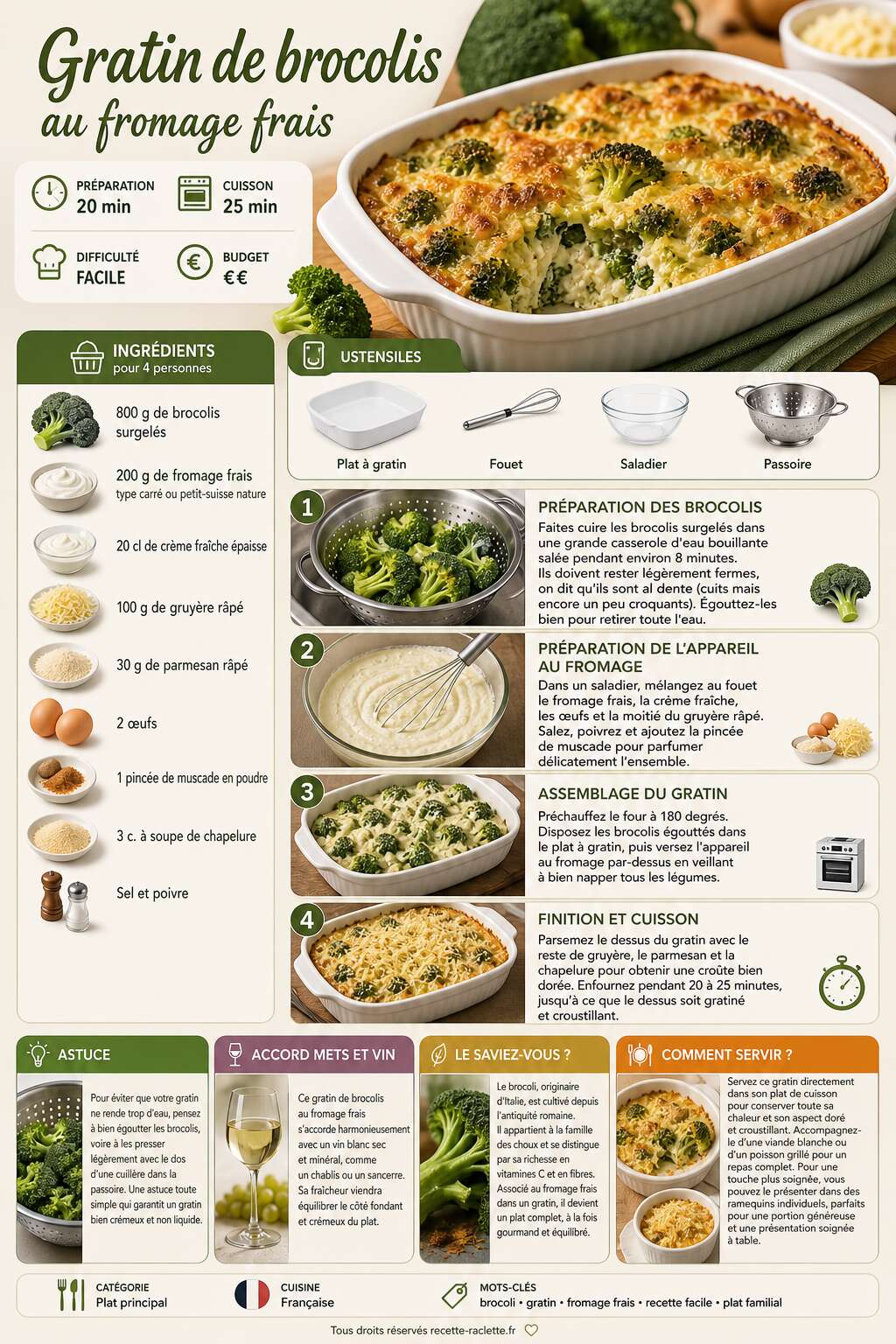 Fiche recette Recette de gratin de brocolis au fromage frais Fiche recette Recette de gratin de brocolis au fromage frais