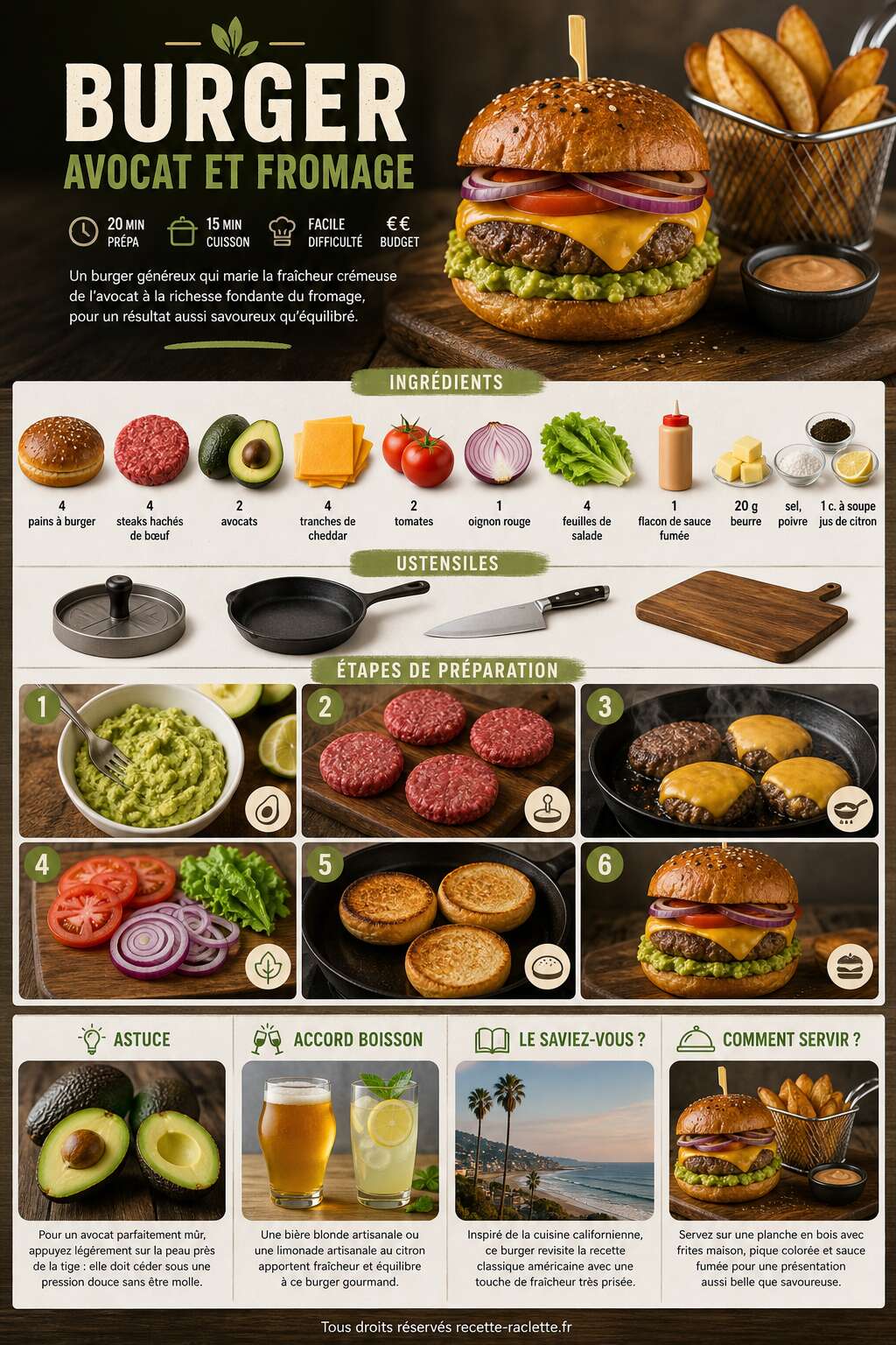 Fiche recette Burger avocat et fromage : recette savoureuse Fiche recette Burger avocat et fromage : recette savoureuse