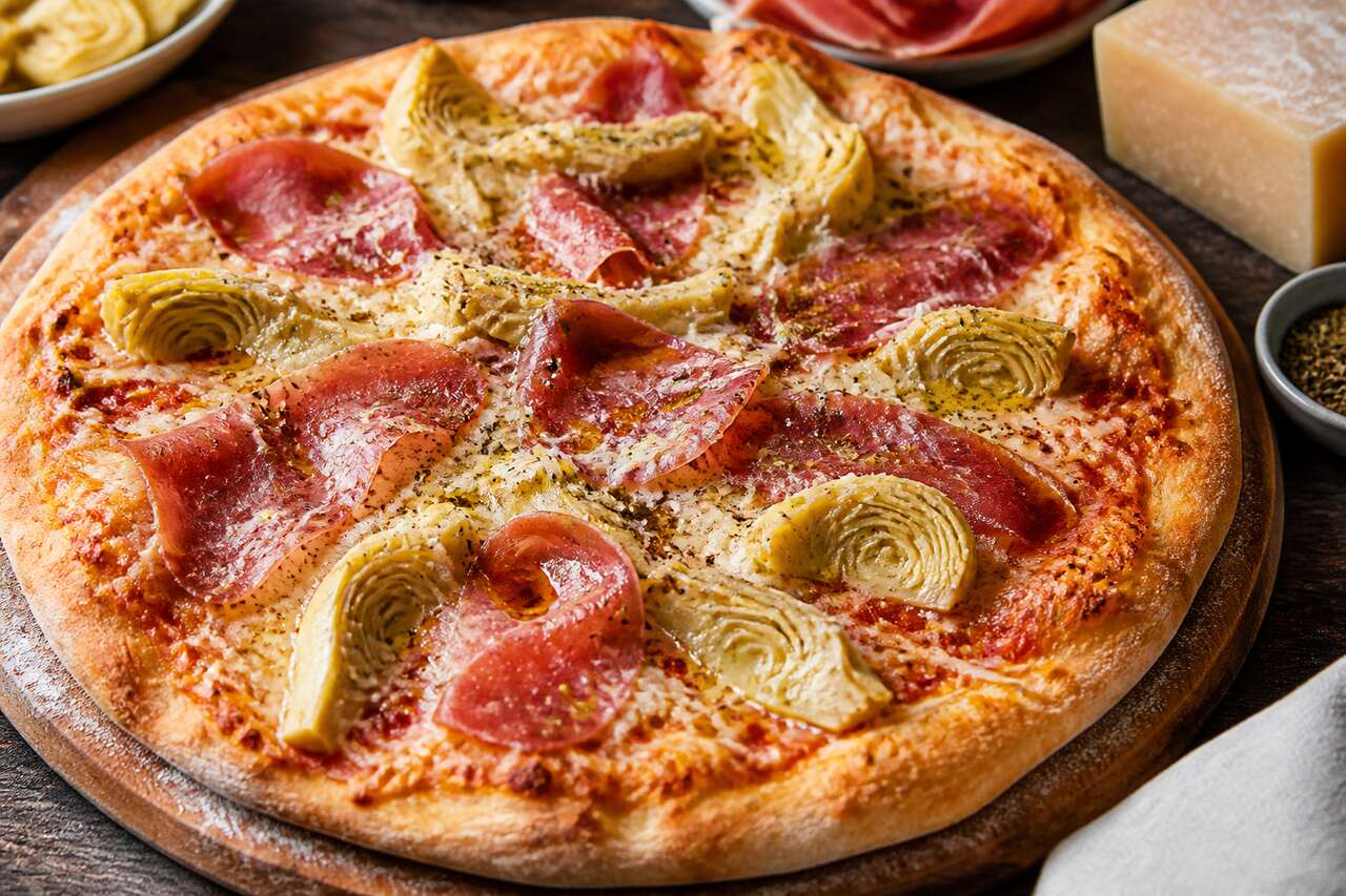 Recette de pizza aux coeurs d'artichauts, coppa et parmesan
