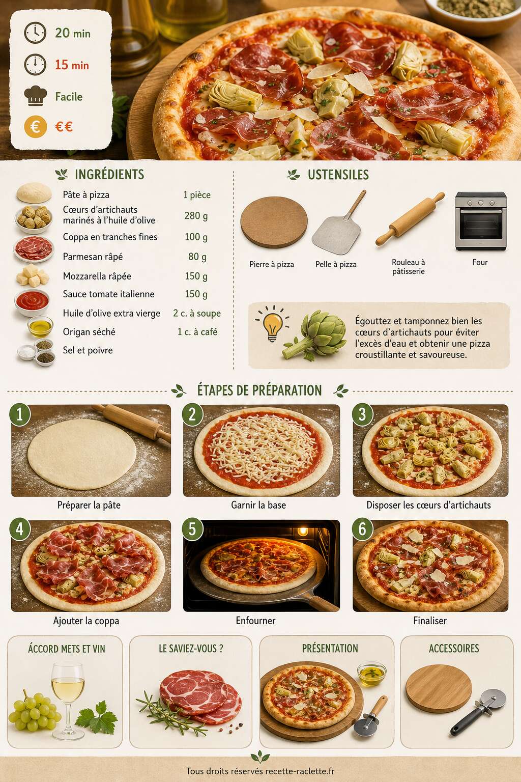 Fiche recette Recette de pizza aux coeurs d'artichauts, coppa et parmesan Fiche recette Recette de pizza aux coeurs d'artichauts, coppa et parmesan