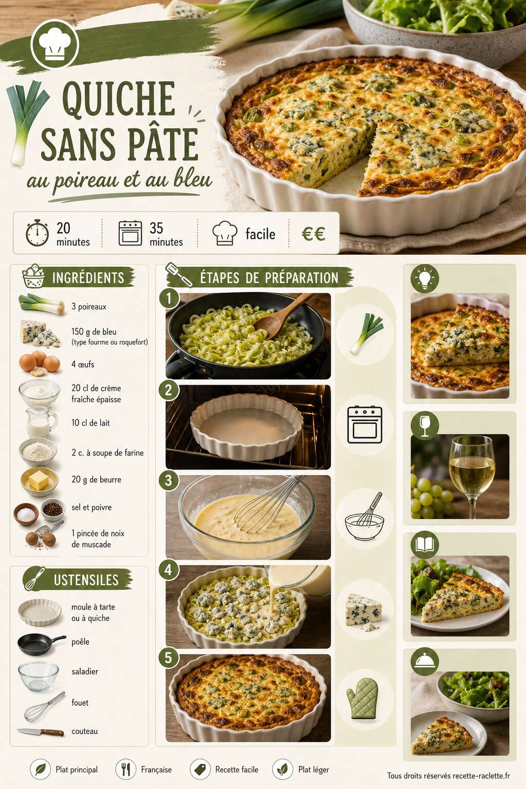 Fiche recette Quiche sans pâte au poireau et au bleu : recette savoureuse et facile Fiche recette Quiche sans pâte au poireau et au bleu : recette savoureuse et facile