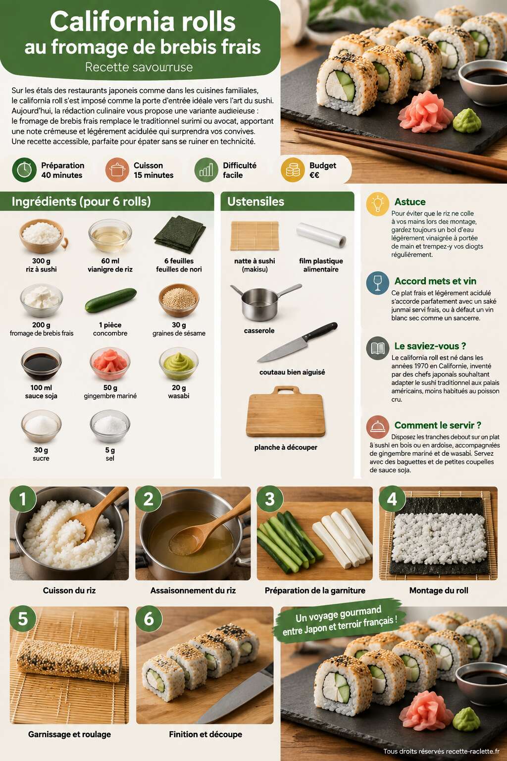Fiche recette California rolls au fromage de brebis frais : recette savoureuse Fiche recette California rolls au fromage de brebis frais : recette savoureuse