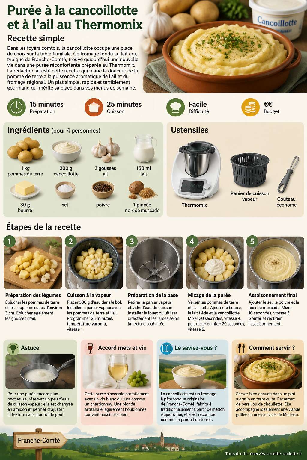 Fiche recette Purée à la cancoillotte et à l'ail au Thermomix : recette simple Fiche recette Purée à la cancoillotte et à l'ail au Thermomix : recette simple