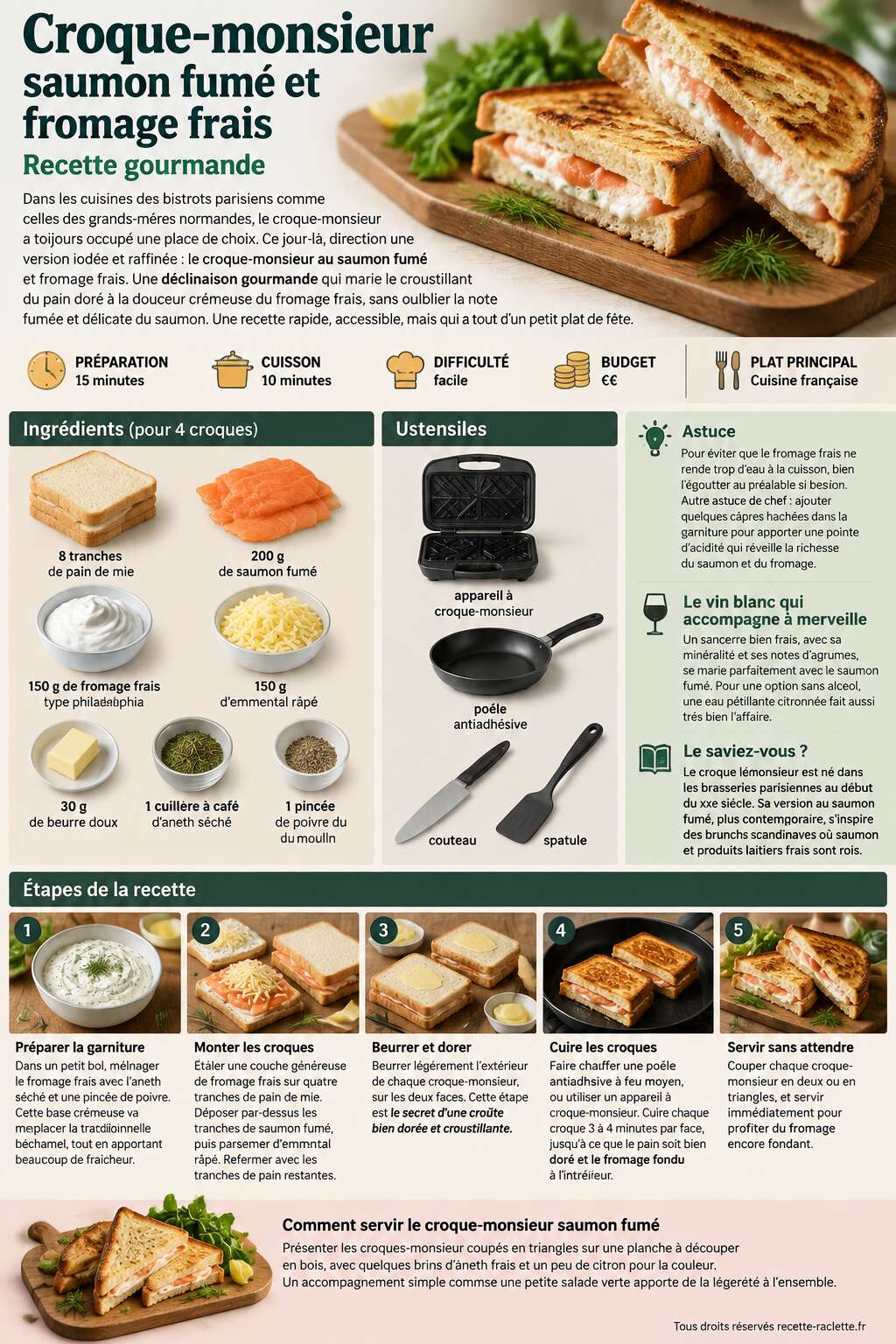 Fiche recette Croque-monsieur saumon fumé et fromage frais : recette gourmande Fiche recette Croque-monsieur saumon fumé et fromage frais : recette gourmande