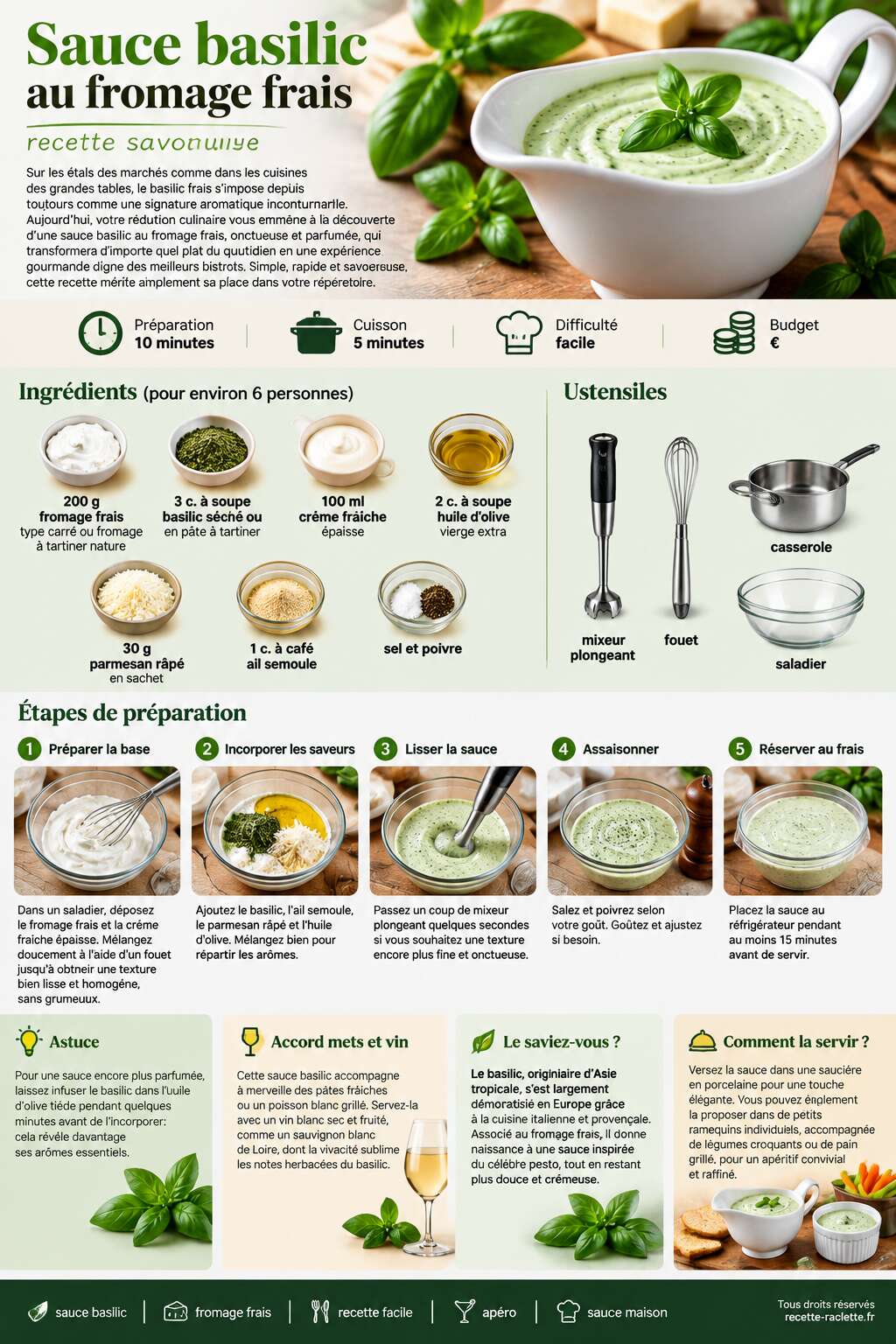 Fiche recette Sauce basilic au fromage frais : recette savoureuse Fiche recette Sauce basilic au fromage frais : recette savoureuse