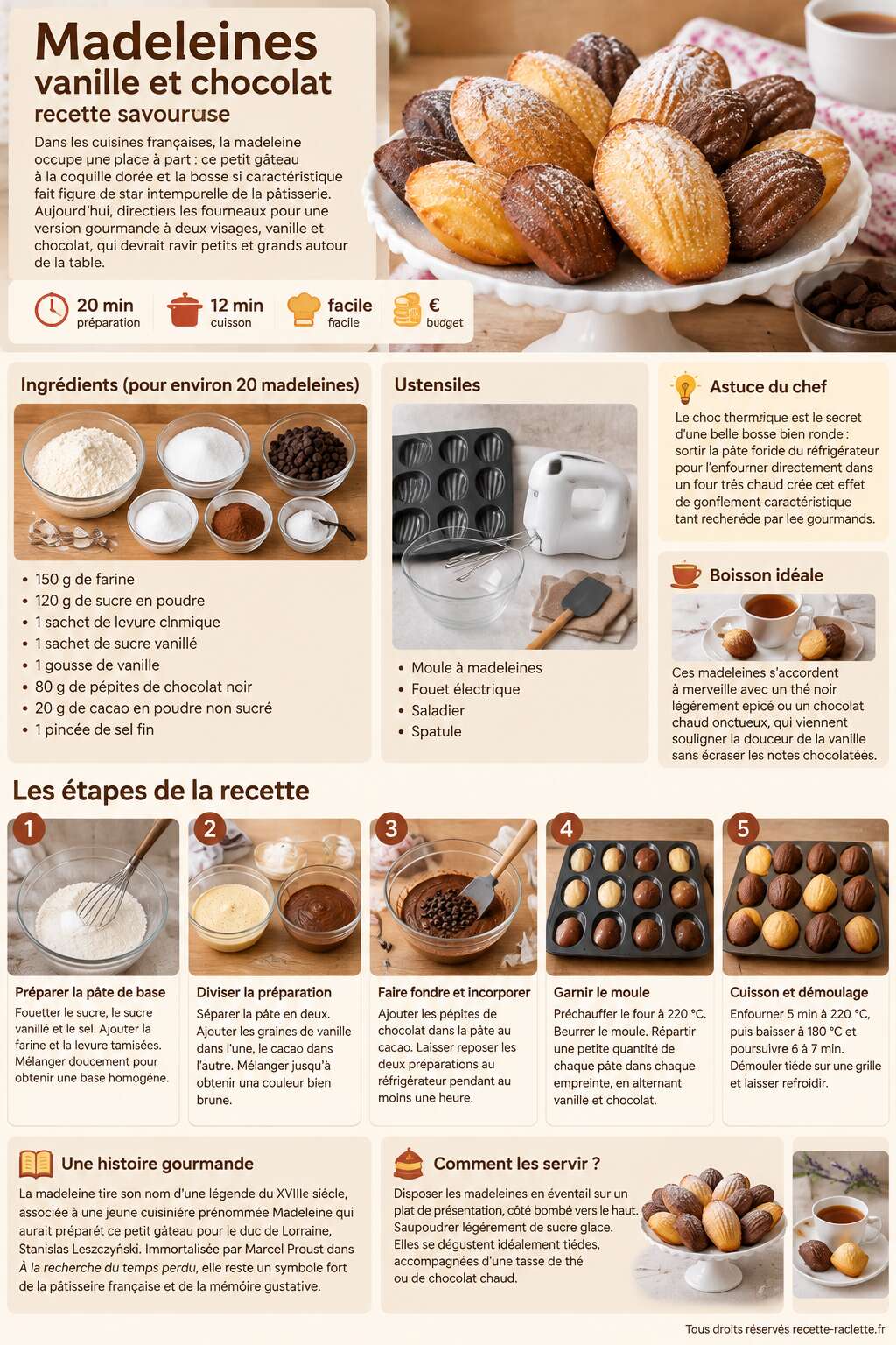 Fiche recette Madeleines vanille et chocolat : recette savoureuse Fiche recette Madeleines vanille et chocolat : recette savoureuse