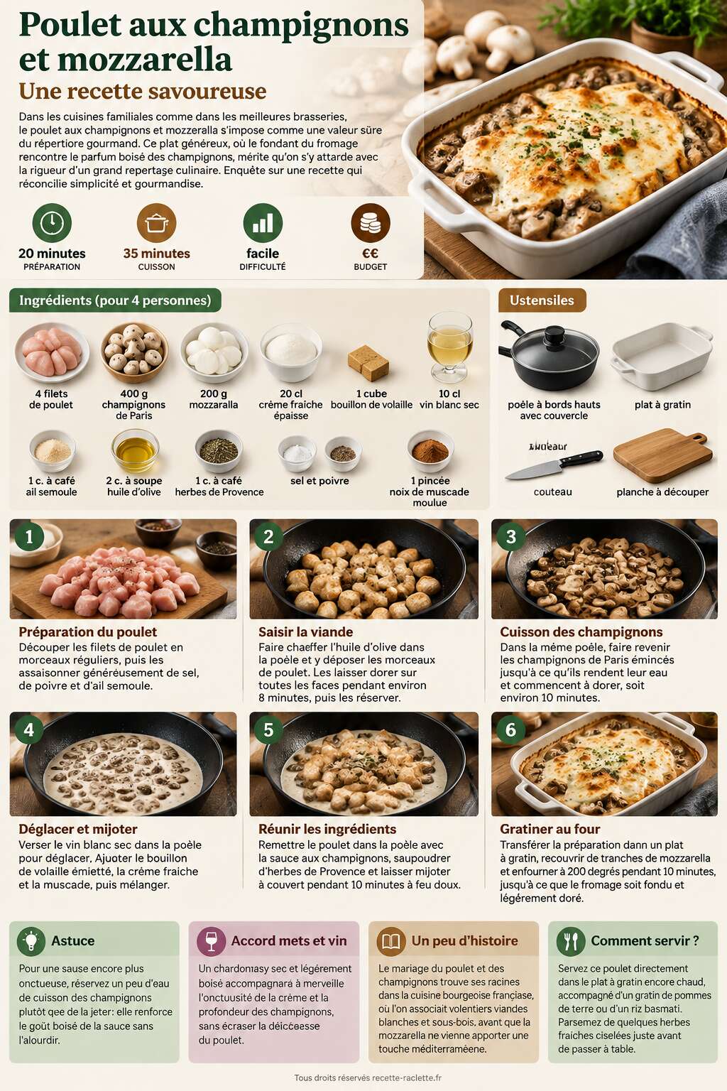 Fiche recette Poulet aux champignons et mozzarella : une recette savoureuse Fiche recette Poulet aux champignons et mozzarella : une recette savoureuse