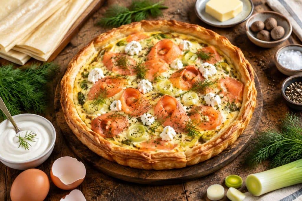 Recette de tarte au chèvre frais, saumon et poireau : délice à savourer !