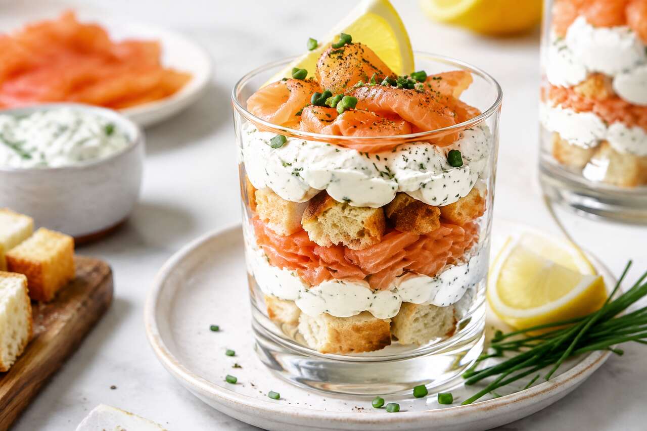 Verrine saumon fumé, brioche et fromage frais ail & fines herbes