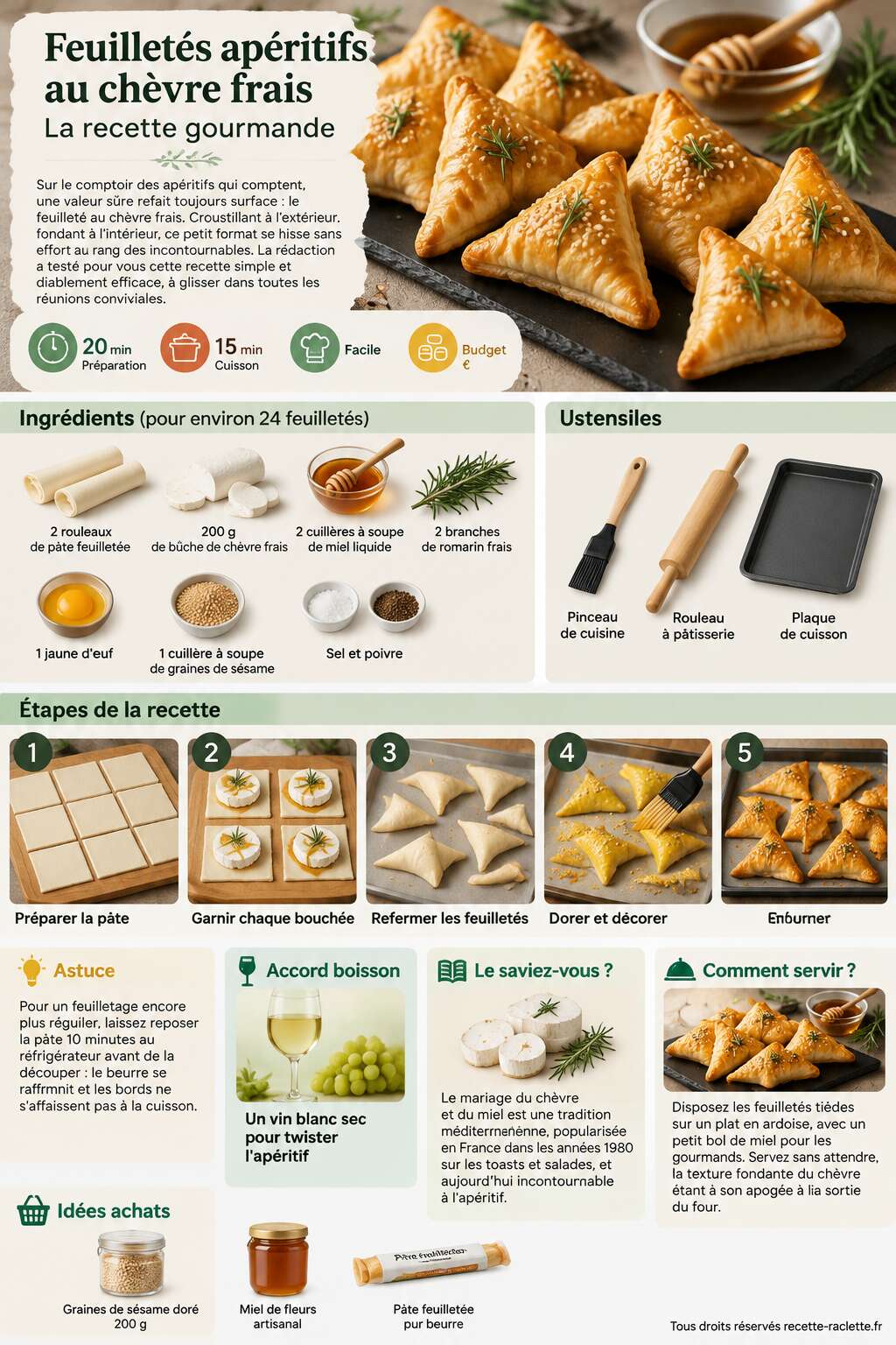 Fiche recette Feuilletés apéritifs au chèvre frais : la recette gourmande Fiche recette Feuilletés apéritifs au chèvre frais : la recette gourmande