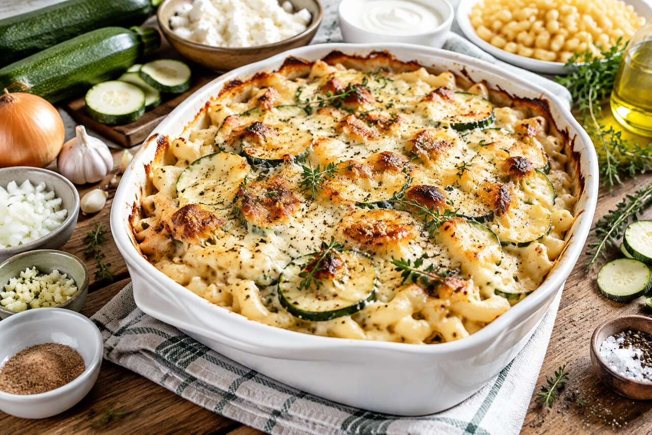 Gratin de macaronis aux courgettes et fromage frais