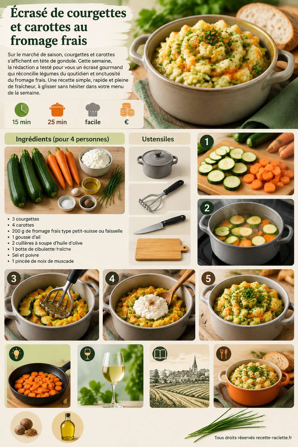 Fiche recette Écrasé de courgettes et carottes au fromage frais Fiche recette Écrasé de courgettes et carottes au fromage frais