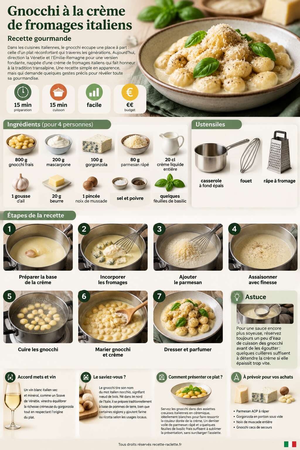 Fiche recette Gnocchi à la crème de fromages italiens : recette gourmande Fiche recette Gnocchi à la crème de fromages italiens : recette gourmande
