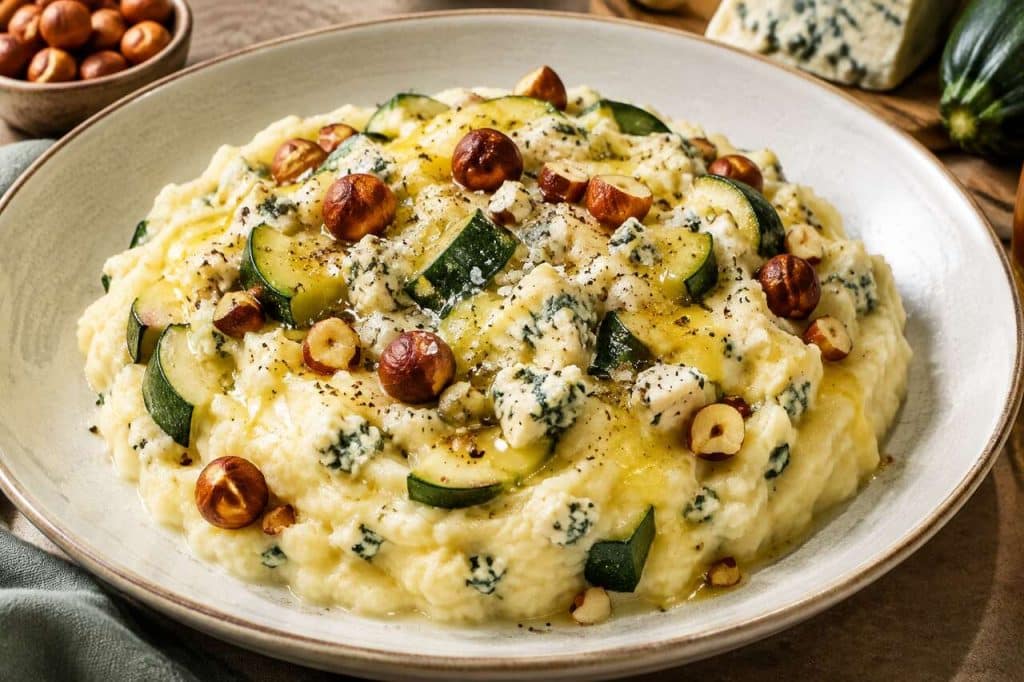 Purée de pommes de terre et courgettes au Bleu et aux noisettes