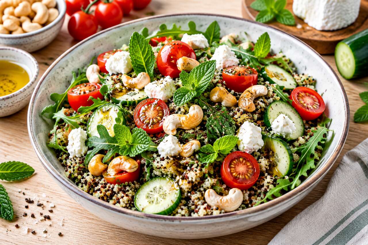 Salade de quinoa au fromage de chèvre et noix de cajou : recette gourmande