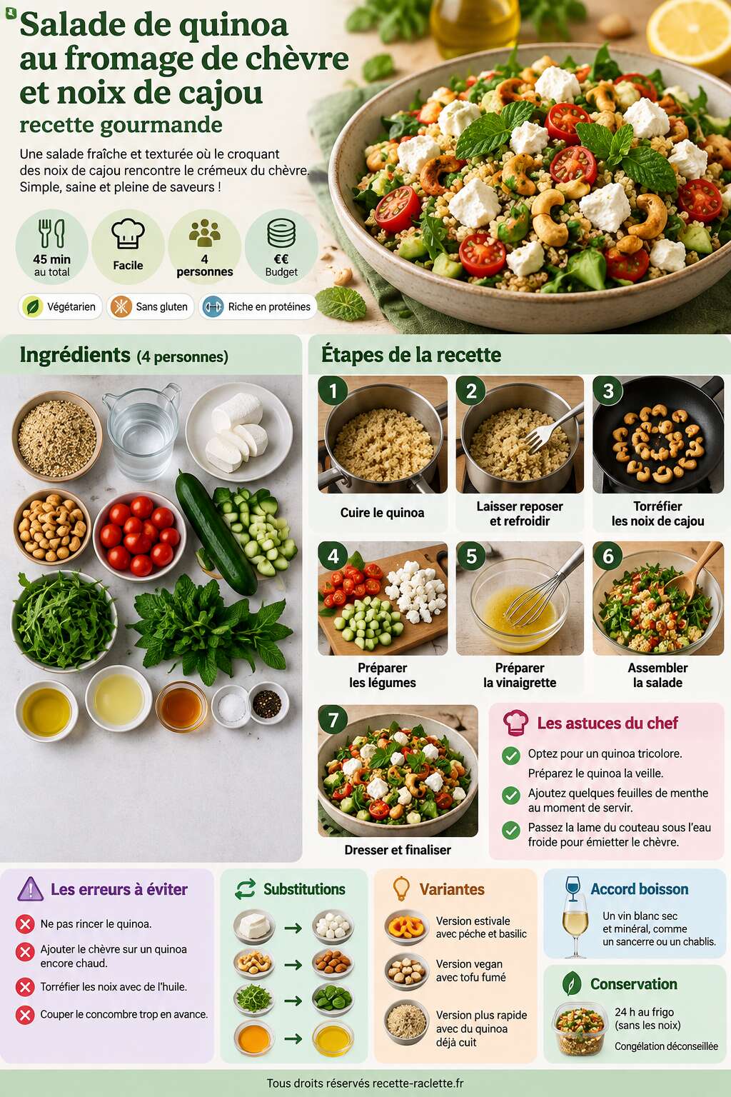 Fiche recette Salade de quinoa au fromage de ch&egrave;vre et noix de cajou : recette gourmande