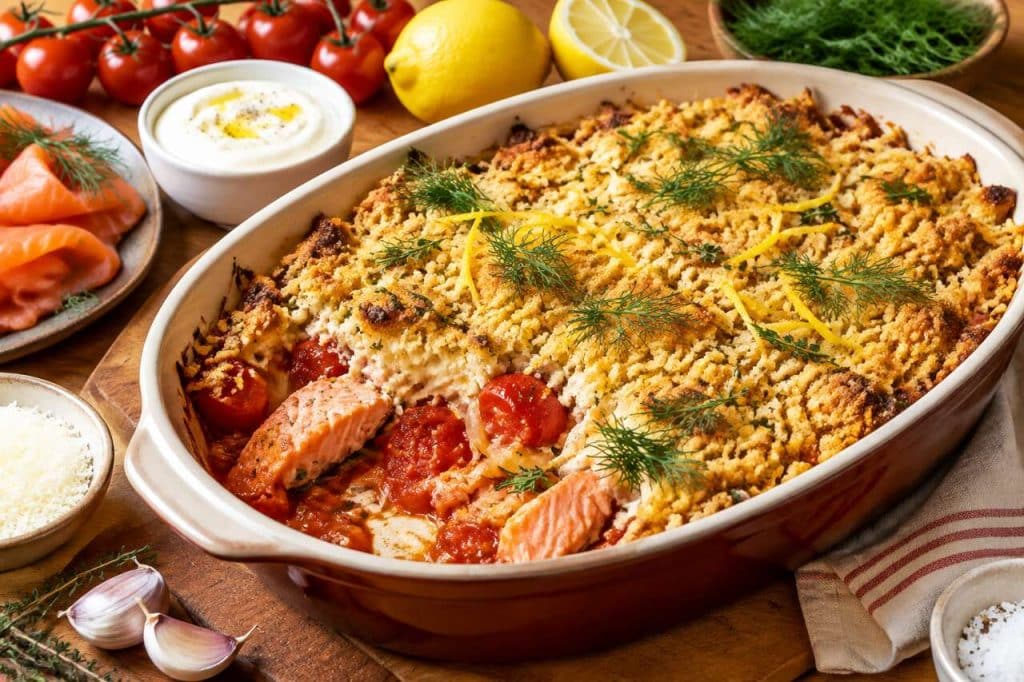 Crumble salé à la tomate et saumon fumé : recette savoureuse