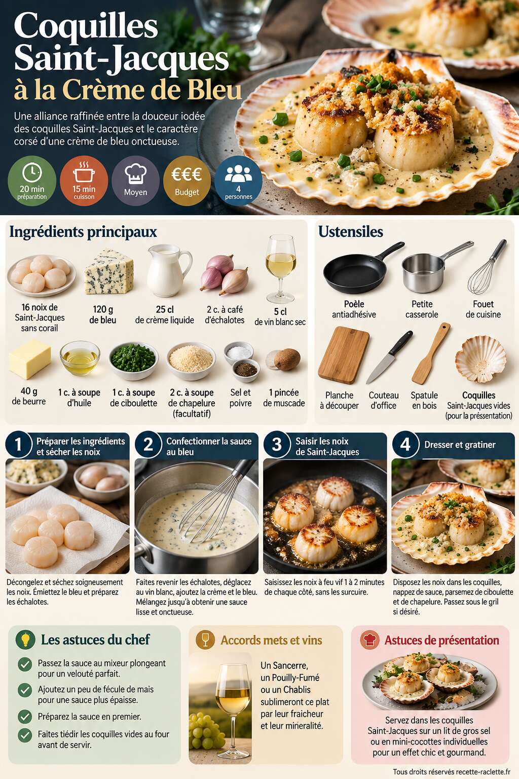 Fiche recette Recette Coquilles Saint-Jacques à la Crème de Bleu Fiche recette Recette Coquilles Saint-Jacques à la Crème de Bleu