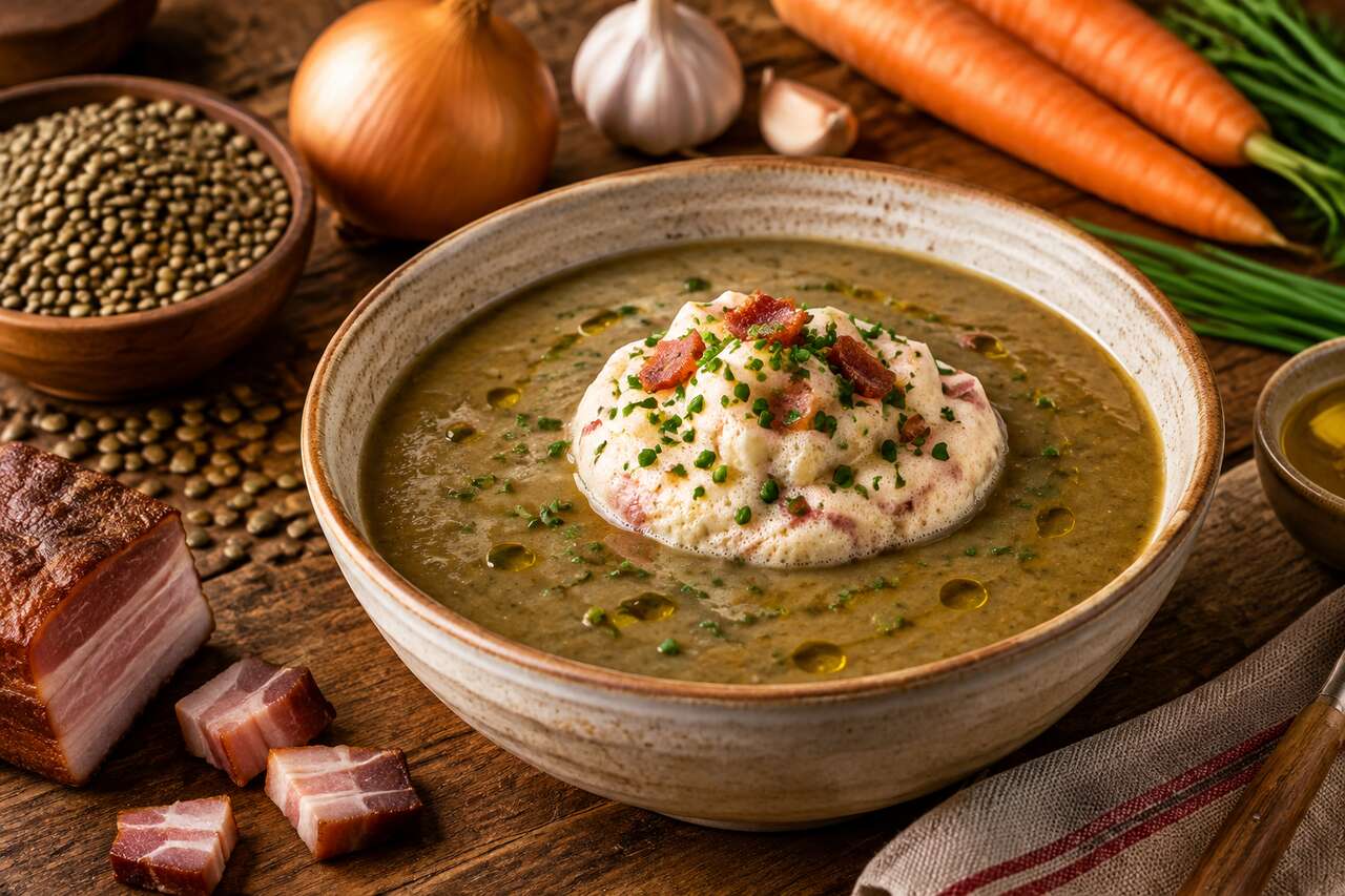 Crème de lentilles et mousse de lard fumé : recette savoureuse