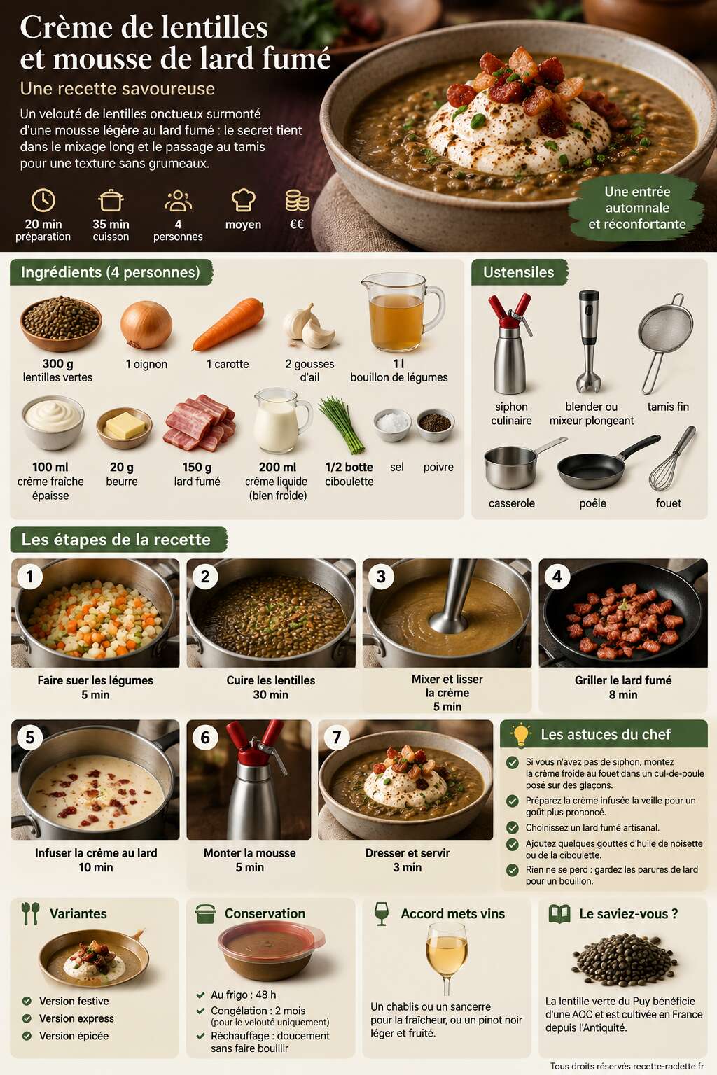 Fiche recette Crème de lentilles et mousse de lard fumé : recette savoureuse Fiche recette Crème de lentilles et mousse de lard fumé : recette savoureuse