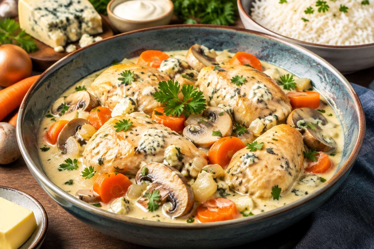 Blanquette de poulet à la crème de bleu : recette gourmande