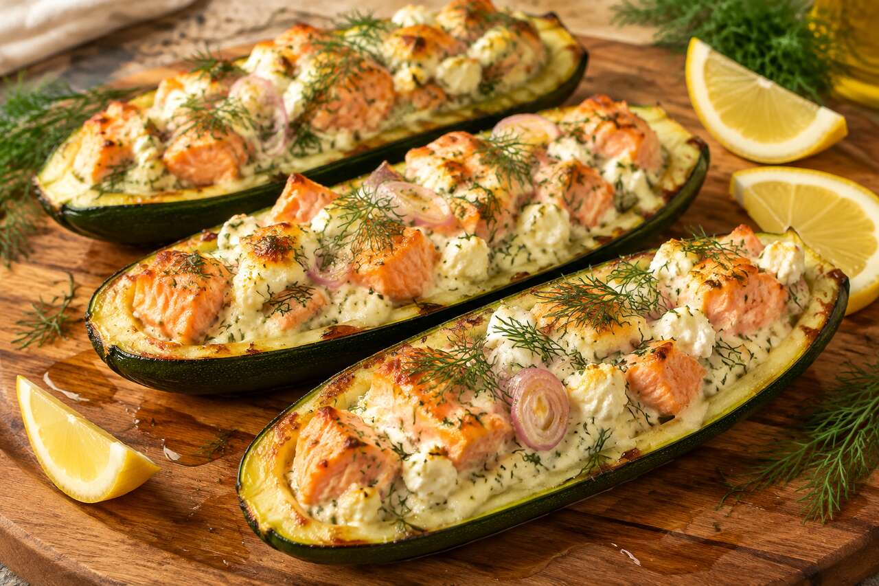 Courgettes farcies au saumon et fromage de chèvre : recette savoureuse